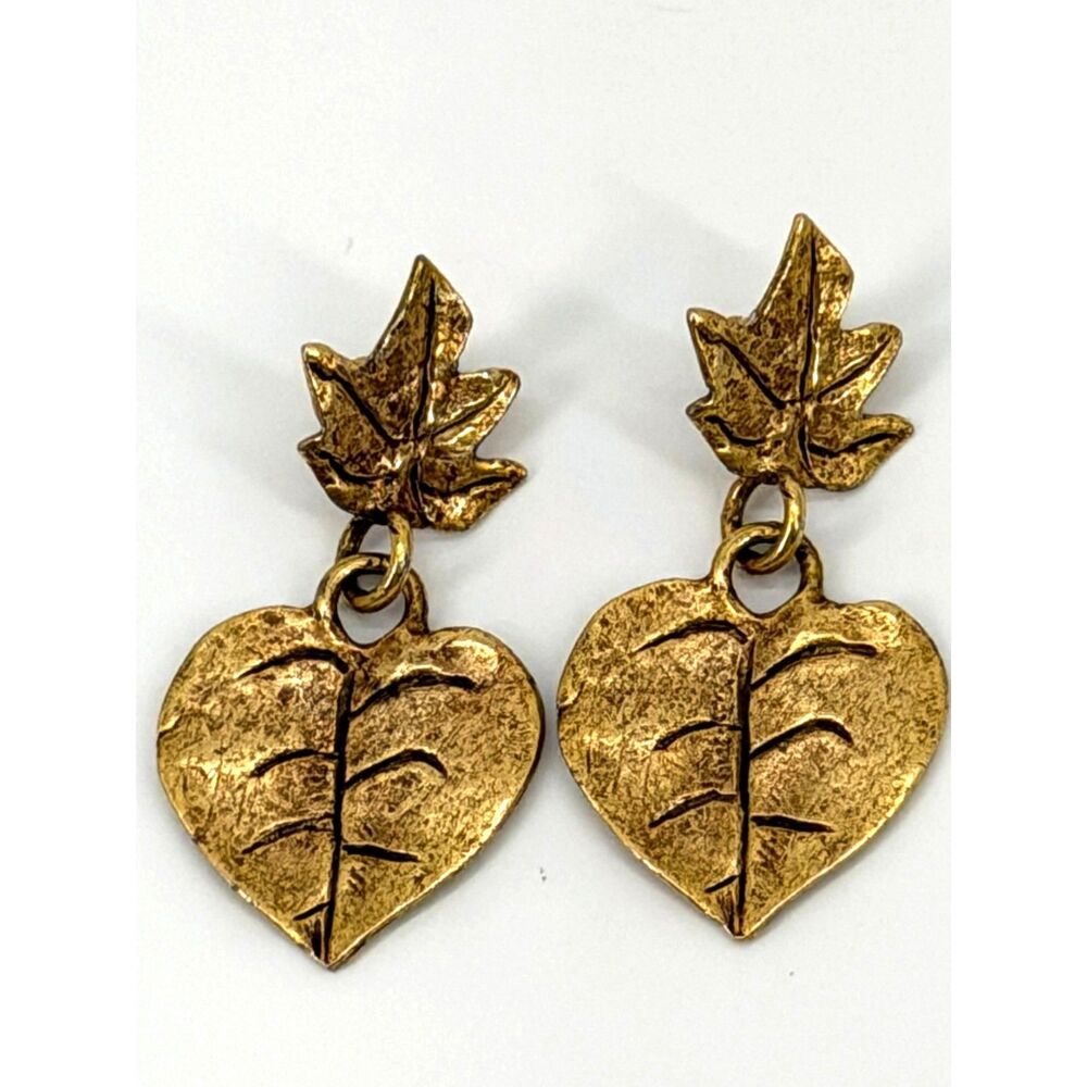 Vintage Costume Gold Maple Leaf Heart Dangle Drop Earrings | Autumn